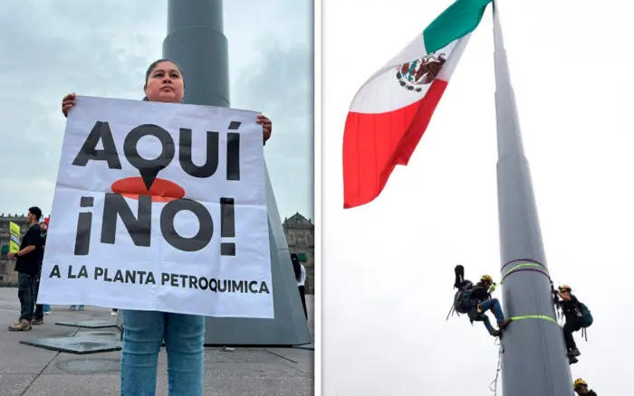 Escalan asta bandera en el Zócalo para exigir cancelar planta de amoníaco en Topolobampo